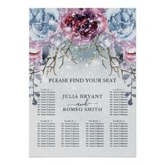 a wedding seating chart with flowers and leaves on the front, in blue and pink