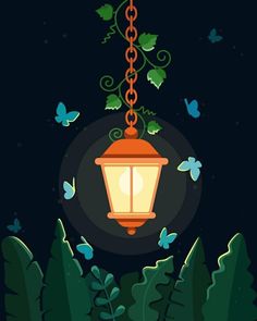 a lantern hanging from a chain in the night sky with butterflies flying around it,