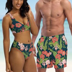 His Hers Matching Couples Swimsuit Set Couple Bathing Suits, Couple Outfits Matching, Family Christmas Outfits, Eco Fabric, Beach Getaway, Matching Swimwear, Matching Couple Outfits, Matching Couple, Swimwear Sets