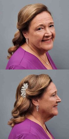 an older woman wearing a purple dress and smiling at the camera with her hair pulled back in