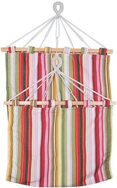 a multicolored striped hanging pot holder