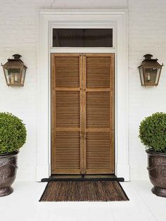 two potted plants sitting next to a door with wooden shutters on the side