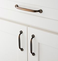 a close up of two handles on a white cabinet with wood grained flooring