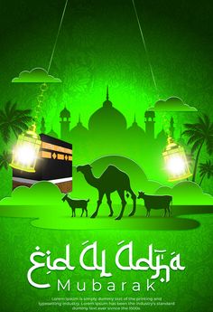 a green poster with an image of a camel and two lambs in front of a mosque