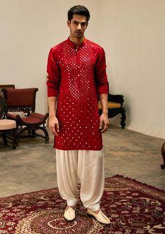 Ankit V Kapoor-Zaid Sindoor Red Kurta And Salwar-INDIASPOPUP.COM Sufi Night Outfit For Men, Red Kurta Men, Red Kurta For Men, Stylish Kurta For Men, Sufi Night, Indian Menswear, Mirror Work Kurta, Mehendi Night, Indian Wedding Clothes For Men