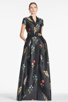 Marta Gown - Noir Bouquet Black Tie Attire For Women, Mikado Fabric, Floral Print Gowns, Pleated Gown, Black Tie Wedding Guests, Printed Gowns, Groom Dresses, Fashion Institute, Floral Gown