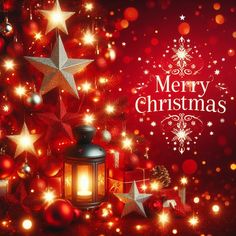 a merry christmas card with stars and a lantern on a red background surrounded by other holiday decorations