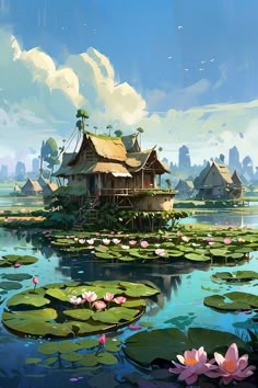 an island with water lilies in the foreground and houses on land behind it