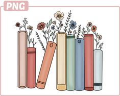 a row of books with flowers and leaves on them in front of a white background