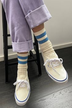 Why We Made This? Needed bold stripe edition of Her Socks in Mercerized Combed Cotton for matching with vintage denim! The perfect height, fits like a glove. Washes well and made to last! Due to the nature of stripe design knitting, please allow for slight imperfections and some loose threads where two colors meet. Made in South Korea Contents: 80 Cotton 18 Poly 2 spandex Sizing: One size fits most (US women's size 6-10) Care Instructions: Machine wash cold Tumble dry low Do not iron Do not blea Colored Womens Socks, Stripe Socks, Bath And Body Shop, Bleach Color, Accessories Bags Purses, Striped Socks, Karen Walker, Bold Stripes, Socks And Hosiery