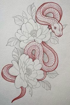 a drawing of a snake and flowers on paper