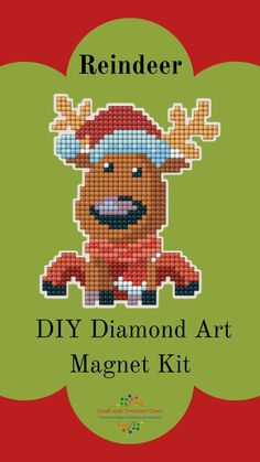 Reindeer Diamond Painting Beginner Magnet Kit. Makes 1 Size - 3.7" x 4.4" Kit contents: - Pre-cut binder's board with printed color chart on it - Re-usable zip lock bags with presorted square sparkles - Stylus, dry glue pad, magnet tape, craft tray - instructions Suitable for ages 7+ or younger with adult supervision. Reindeer Diy, Diy Diamond Art, Holiday Kids, Homeschool Crafts