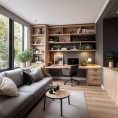 a living room filled with furniture next to a window covered in lots of bookshelves