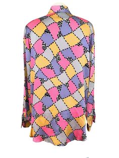 "Original 80s Vintage 100% Silk Abstract Pop Art Geometric Check Print Ladies Men's Unisex Button-Down Shirt Blouse size Large, Smart Casual Street Style Wear to Work Career Pastel Colours Festival Retro Party Buttoned Multi-Coloured Easter Shirt Blouse Tunic Top Eye-popping retro buttoned 100% silk satin shirt by Corey B from the 80s in abstract pop-art check geometric pattern and yellow, pink lilac purple black grey and white colors. The shirt is made of pure, a bit glossy silk satin fabric. A Multicolor Printed Party Shirt, Long Sleeve Patchwork Blouse For Party, Spring Party Printed Shirt, Multicolor Graphic Print Shirt For Party, Multicolor Long Sleeve Shirt With Button Closure, Printed Long Sleeve Shirt For Party, Multicolor Retro Print Button-up Top, Multicolor Long Sleeve Tops With Button Closure, Multicolor Collared Party Shirt