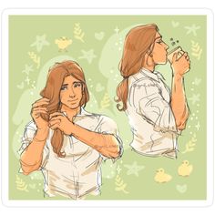 a drawing of two people standing next to each other, one is brushing his hair