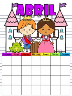 a calendar with princess and prince in front of a castle, the words abril on it