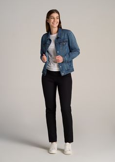 About Our Women's Tall Jean Jacket Wear it with anything. Seriously, anything. Our timeless tall women's denim jacket will become a staple in your closet and last you for many years to come. There are few things more iconic and American than a classic jean jacket. The style first came on the scene in the 1800s and has since evolved to become a wardrobe essential for both men and women across the world. But for years, tall women have been sizing up or opting for men's sizes in order to rock this Jeans For Tall Women, Classic Denim Jacket, Extra Long Sleeves, Vintage Denim Jacket, Tall Jeans, Classic Jeans, Denim Jacket Women, Tall Women, Everyday Wardrobe