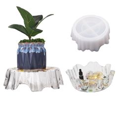 two vases, one with a plant and the other with an ice tray on it