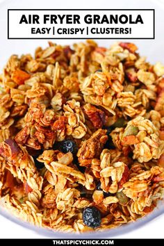 an image of granola in a bowl with the words air fryer granola easy crisp