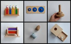 several pictures of different wooden toys and their shapes, sizes, and colors are shown