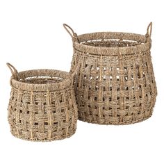 two woven baskets sitting next to each other