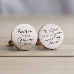 "Beautiful and classic round cufflinks gift for the father of the groom. Your cufflinks will be engraved with the message/image/design in the first photo. Personalize these cufflinks with your wedding date. What will be engraved? Cufflink 1: \"Father of the Groom\" and your wedding date Cufflink 2: \"Thank you for raising the man of my dreams\" If you're interested in a completely custom design, check out our custom cufflink listing: https://www.etsy.com/listing/744550171/personalized-cufflinks- Father Of The Groom Gift, The Man Of My Dreams, Man Of My Dreams, Father Of The Groom, Wedding Gifts For Parents, Groom Cufflinks, Engraved Cufflinks, Mother Of The Groom Gifts, Wedding Cuff