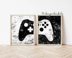 two black and white posters with video game controllers on them