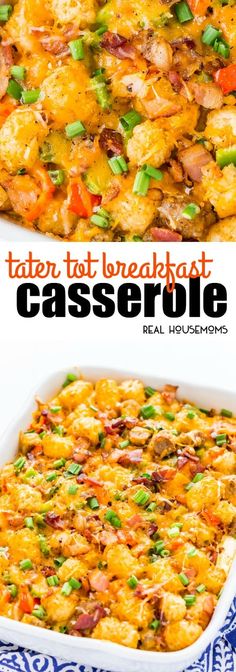 tater tot breakfast casserole in a blue and white dish