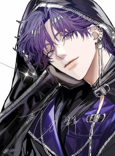 an anime character with purple hair and piercings on his ears, wearing a hoodie