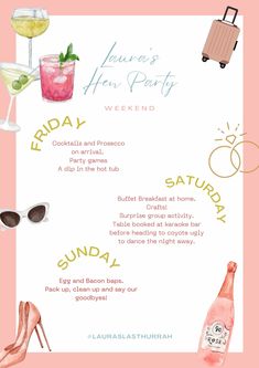 a pink and white flyer for a ladies's hen party with drinks, shoes, sunglasses