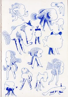 an image of children's drawings in blue ink