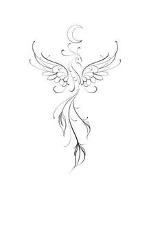 a drawing of a bird with wings and swirls on it's back side