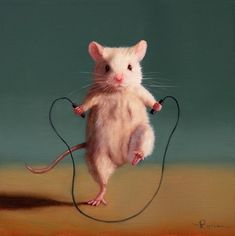 a painting of a white rat holding a black cord in it's paws and standing on its hind legs