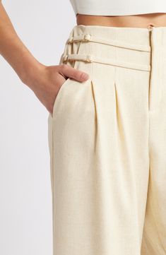 Crisp pleats put a professional spin on these airy wide-leg pants complete with adjustable straps at the waist to perfect the fit. Zip fly with hook-and-bar closure Front slant pockets Lined 89% polyester, 8% linen, 3% elastane Dry clean Imported Nordstrom Store, Fabric Gifts, Free Fabric, Wide Leg Trousers, Bottoms Pants, Leg Pants, Wide Leg Pants, Womens Bottoms, Adjustable Straps