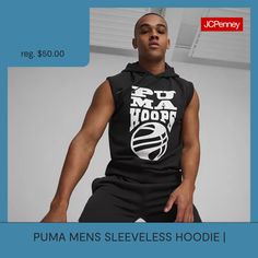 a man wearing a black hoodie with the words puma men's sleeveless hoodie on it