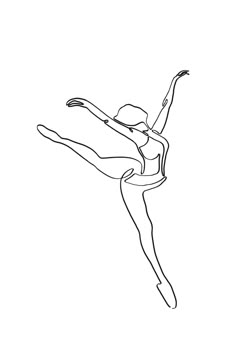 a black and white drawing of a ballerina in the air with her arms outstretched