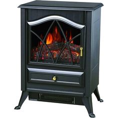 a black stove with flames in it