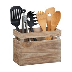 a wooden box with utensils and spoons in it