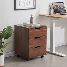 a wooden desk with two drawers and a laptop computer on top of it next to a potted plant