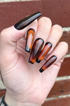 These are the BEST long cat eye nails gel, cat eye nails design, cat eye nails acrylic coffin, cat eye nail art ideas and brown and black velvet nails! We’ve featured the best designs in all the most wanted colors, including these wonderful black and brown cat eye nails! Black And Brown Cat, Brown Cat Eye Nails, Tortoiseshell Nails, Nails Witchy, Shattered Glass Nails, Brown Cat Eye