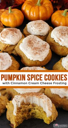 pumpkin spice cookies with cinnamon cream cheese frosting are on a black plate and surrounded by mini pumpkins