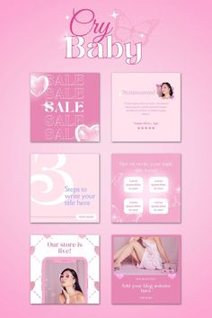 an advertisement for a baby shower party with pink and white designs on the front, back and