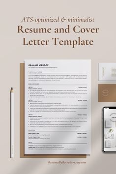 a professional resume and cover letter template on a desk with a cell phone, pen and paper