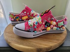 Cute Candyland sneakers are a great look for any little girl. Please attach note at checkout with size. No half sizes please Decorated Sneakers, Paint Sneakers, Birthday Shoes, Sneaker Ball, 9 Birthday, Painted Sneakers, Girls Shoes Sneakers, Candies Shoes, Painted Hats