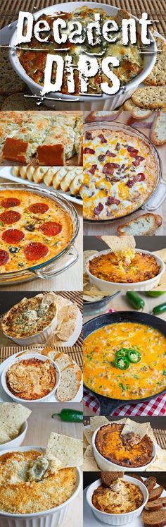 a collage of different types of pizzas and dips