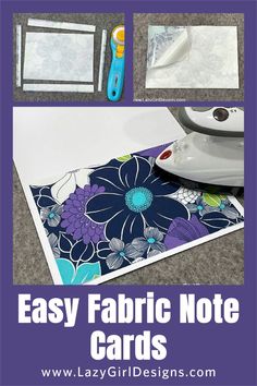 an easy fabric note card is shown with scissors and glue on the paper to make it