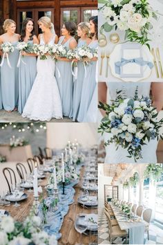 a collage of photos with flowers and bridesmaid's bouquets in blue