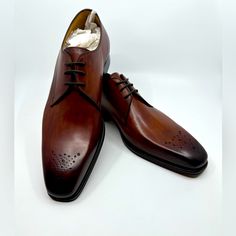 Size 12 Never Worn; In Box Elegant Brown Leather Shoes With Perforated Toe Box, Elegant Brown Leather Shoes With Perforated Toe, Luxury Cognac Dress Shoes, Luxury Cognac Leather Formal Shoes, Elegant Cognac Leather Shoes For Derby, Luxury Cognac Leather Shoes With Branded Insole, Life Style, Men's Fashion, Fashion Looks