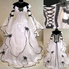 Gothic Wedding Dresses Long Flare Sleeve Black Applique Tiered Tulle Bridal Gown | eBay Vintage Black Wedding Gown, Vintage Black Gown For Wedding, Elegant White Wedding Dress For Costume, Embroidery Corset, Gown Victorian, Medieval Wedding Dress, Gaun Abad Pertengahan, Gothic Medieval, Sleeves Embroidery