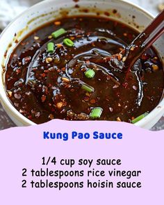 a bowl of soup with chopsticks in it and the words king pao sauce